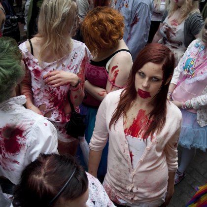 Zombie woman making eye contact during the Stockholm Zombie walk